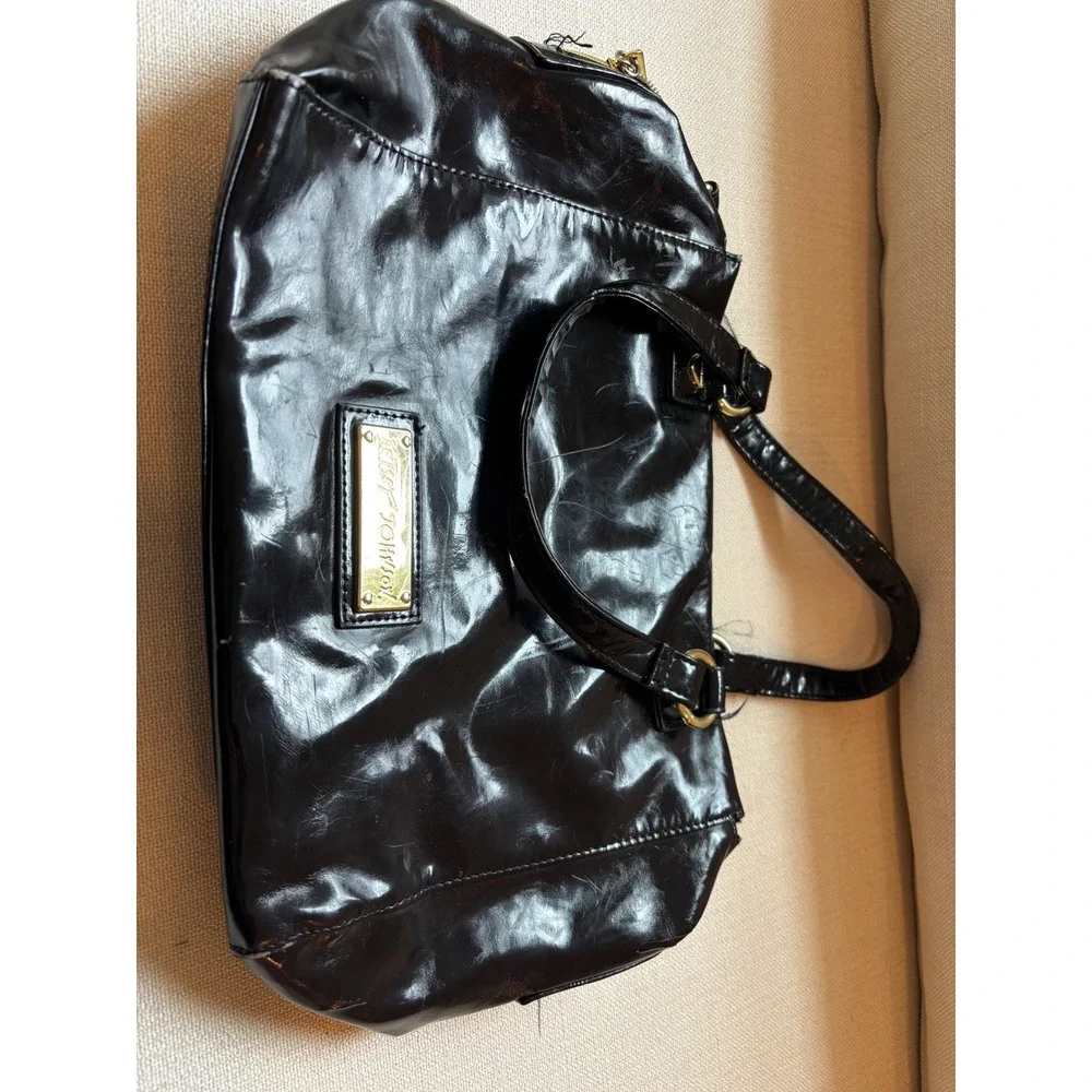 Vintage Y2K Betsey Johnson Satchel Bag Black Patent Bow Heart Padlock Rocker